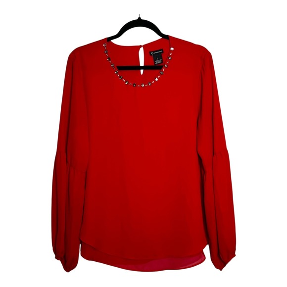 new directions Tops - New Directions Womens Red Embellished Jewel Neck Bishop‎ Sleeve Blouse Size L
